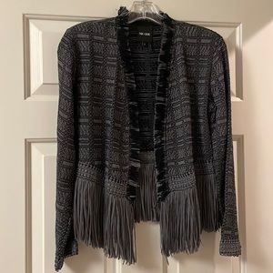 Nic + Zoe gray and black cropped fringe jacket